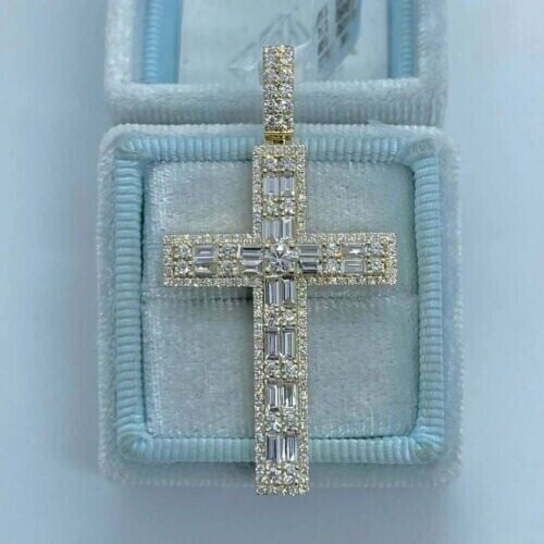 SHREE JEWELS 2Ct Lab Created Diamond Baguette Cross Religious Pendant 14K Yellow Gold Plated
