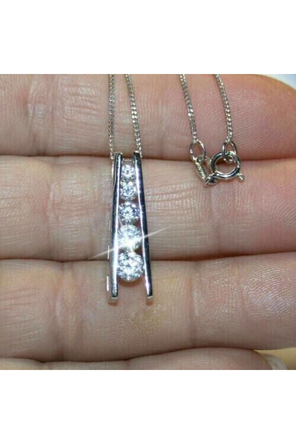 2Ct Lab Created Diamond Ladder 5 Stone Pendant Necklaces 14K White Gold Plated