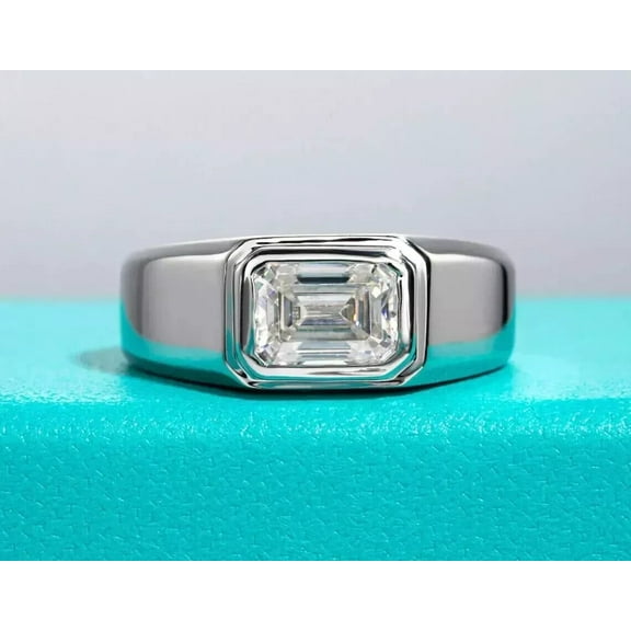 Engagement Men's 2Ct Emerald Cut Lab Created Diamond Ring 14K White Gold Plated Silver