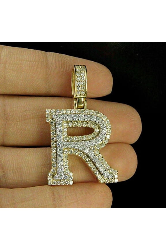 2Ct Lab Created Diamond R Initial Letter Pendant Charm 14k Yellow Gold Plated