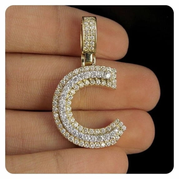 2Ct Lab Created Diamond Round "C" Initial Pendant 14K Yellow Gold Plated Silver