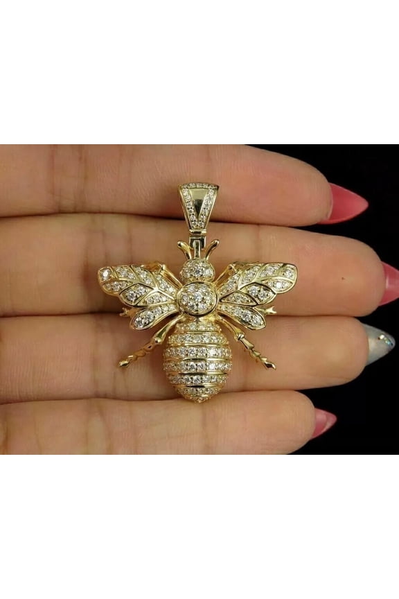 2Ct Lab-Created Diamond Round Cut Honey Bee Pendant 14K Yellow Gold Plated Silver 18"