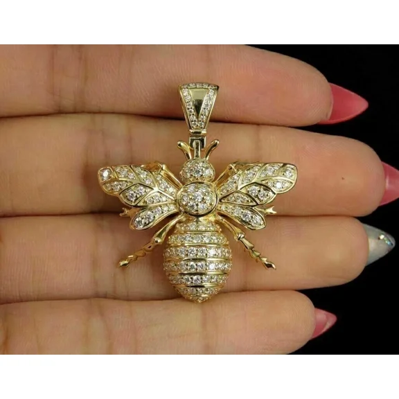 2Ct Lab-Created Diamond Round Cut Honey Bee Pendant 14K Yellow Gold Plated Silver 18"