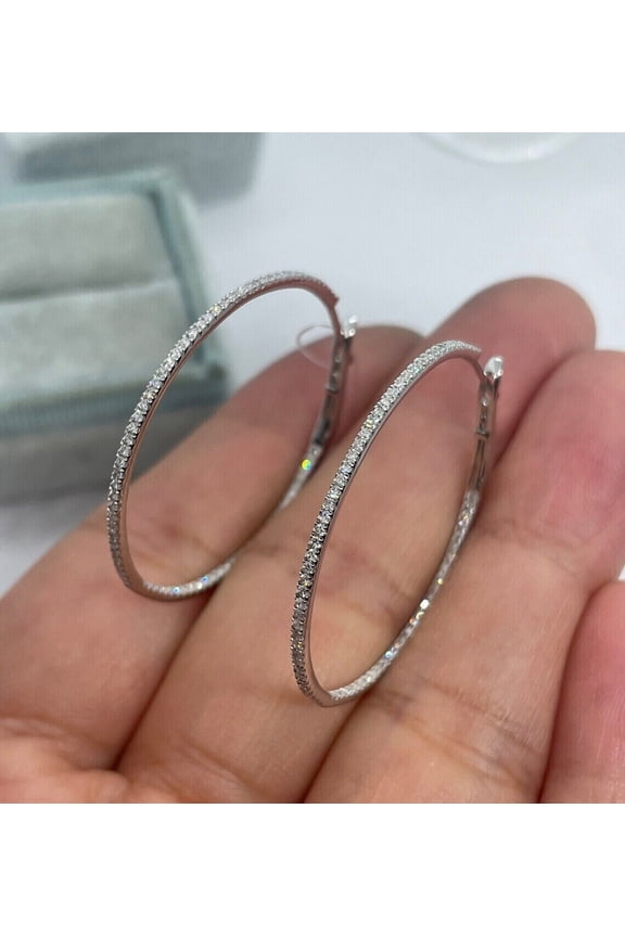 2Ct Lab Created Diamond Round Inside Outside Hoop Earrings 14K White Gold Plated