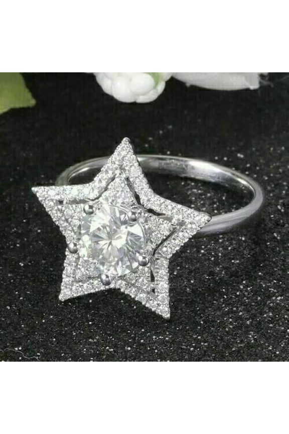 2Ct Lab-Created Diamond Star Shaped Halo Round Cut Engagement Ring 14K White Gold Plated Sterling Silver