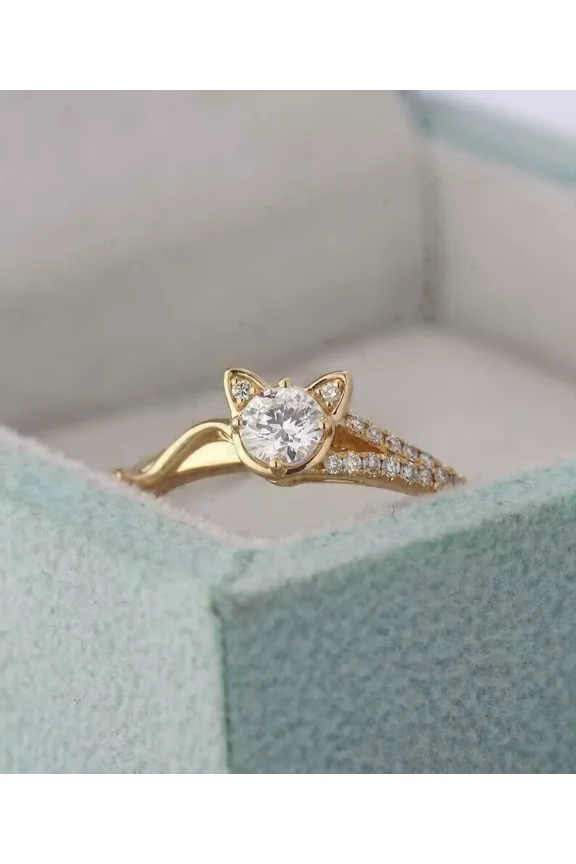 2Ct Lab Created Diamond Women's Gift Cat Ring in 14K Yellow Gold Plated