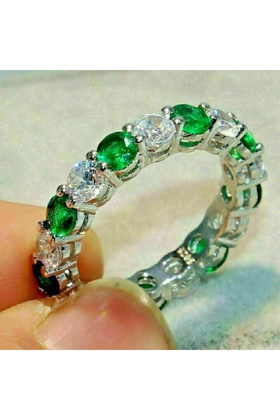 2Ct Lab-Created Emerald & Diamond Full Eternity Ring Band 14K White Gold Plated Sterling Silver