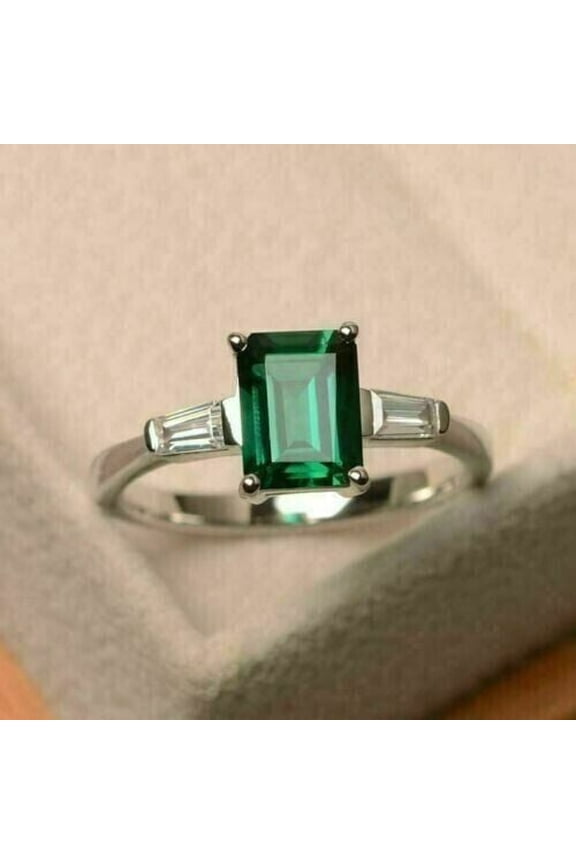 2Ct Lab Created Emerald Women's Engagement 4 Prong Ring 14K White Gold Plated Emerald Cut