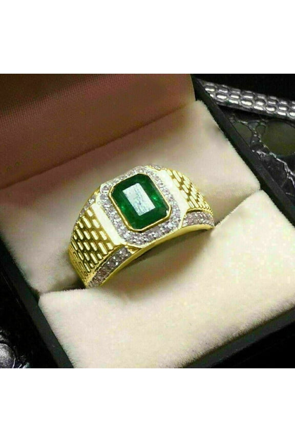 2Ct Lab Created Green Emerald Mens Wedding Pinky Band Ring 14k Yellow Gold Finish