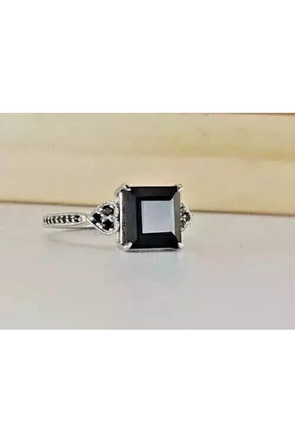 2Ct Lab Created Princess Cut Black Diamond 14K White Gold Plated Silver Square Engagement Ring