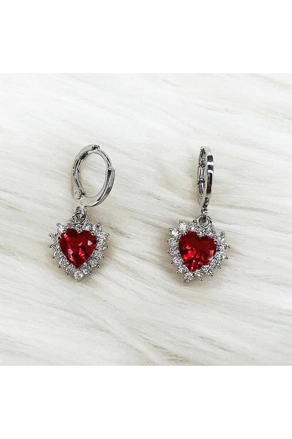 2Ct Lab Created Red Ruby Heart Cut Drop Dangle Earrings 14K White Gold Plated 925 Sterling Silver