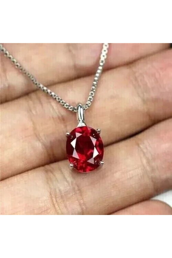 2Ct Lab Created Red Ruby Oval Cut Solitaire Pendant 14K White Gold Plated 18" Chain