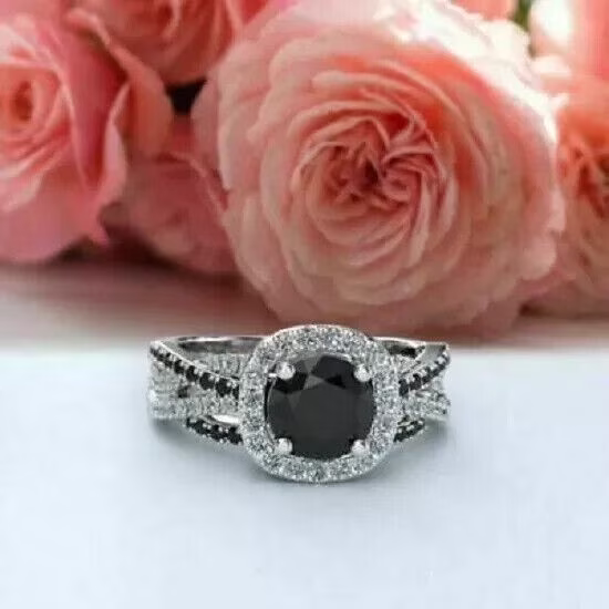 2Ct Lab-Created Round Cut Black Diamond Women's Wedding Ring 14k White Gold Plated