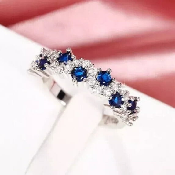 2Ct Lab Created Round Cut Blue Sapphire Women's Wedding Band Ring 14k White Gold Plated