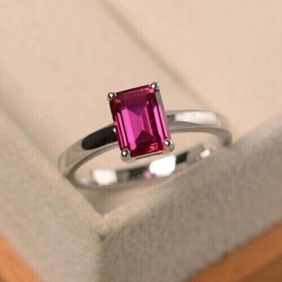 2Ct Lab Created Ruby Emerald Cut Solitaire Engagement Ring 14K White Gold Plated
