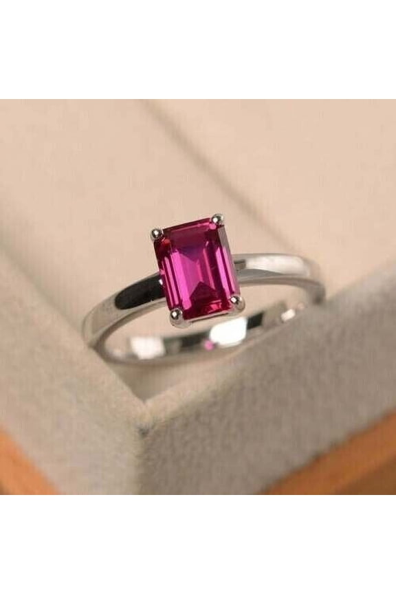 2Ct Lab Created Ruby Emerald Cut Solitaire Engagement Ring 14K White Gold Plated