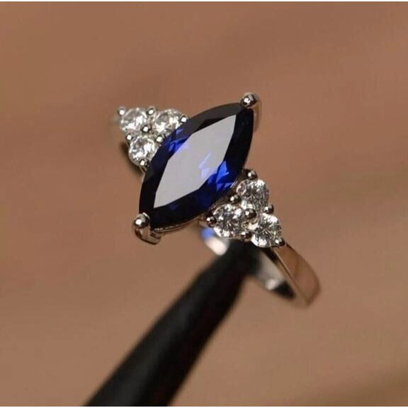 2Ct Marquise Cut Blue Sapphire Simulated Solitaire Ring 14K White Gold Plated