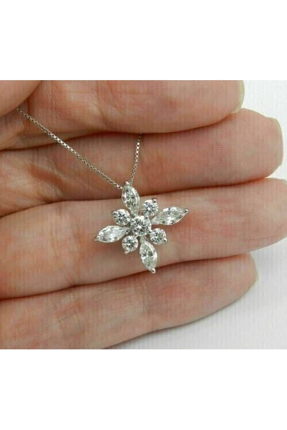 2Ct Marquise Cut Lab Created Diamond Women's Flower Pendant 14K White Gold Plated 18" Chain