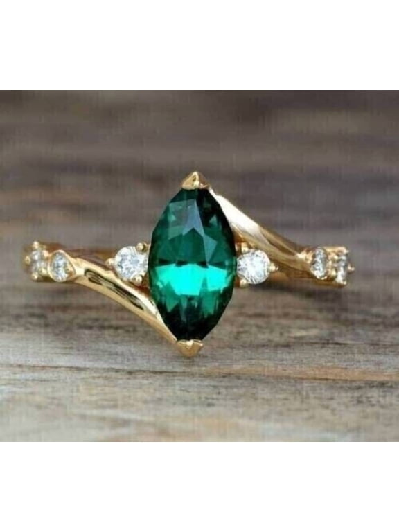 2Ct Marquise Cut Lab-Created Green Emerald Women Wedding Ring 14k Yellow Gold Plated