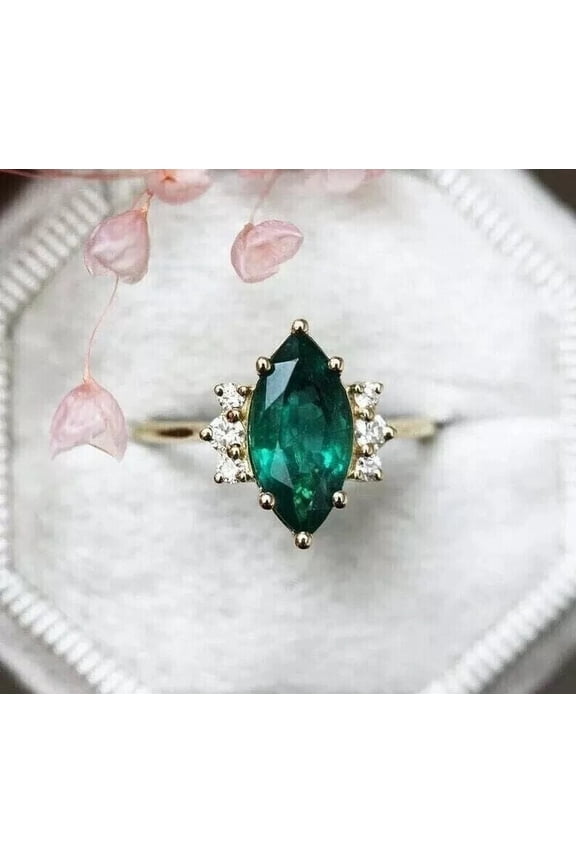 2Ct Marquise Cut Lab-Created Green Emerald Women's Wedding Ring 14K Yellow Gold Plated