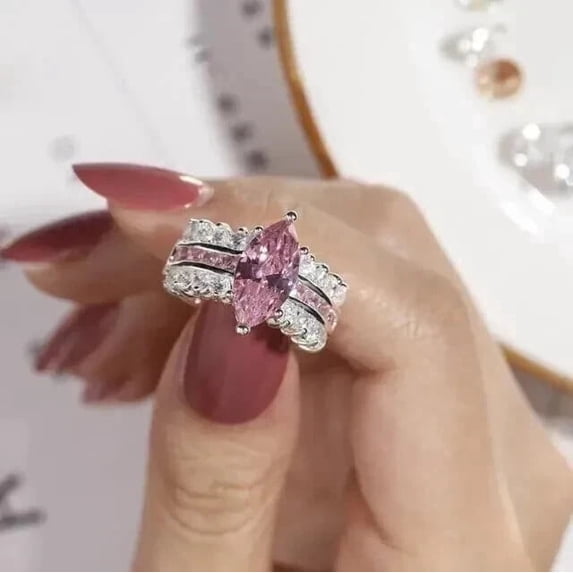 2Ct Marquise Cut Lab Created Pink Sapphire Ring 14K White Gold Plated