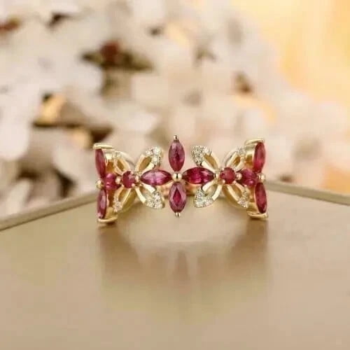 2Ct Marquise Cut Lab Created Ruby Women's Rings 14K Yellow Gold Finish