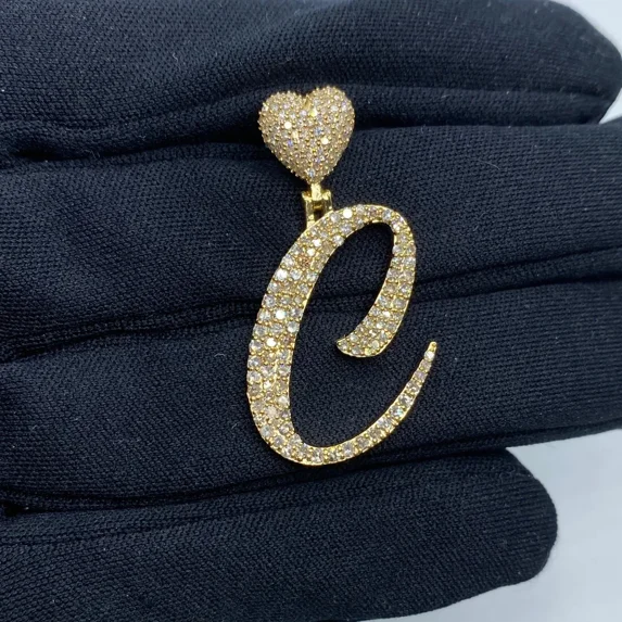 2Ct Moissanite Men's Custom Letter C Script Heart Pendant 14K Yellow Gold Plated