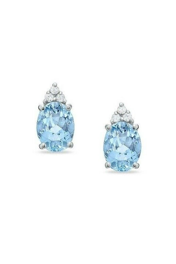 2Ct Oval Cut Aquamarine & Moissanite Stud Earrings 14k White Gold Plated 925 Silver