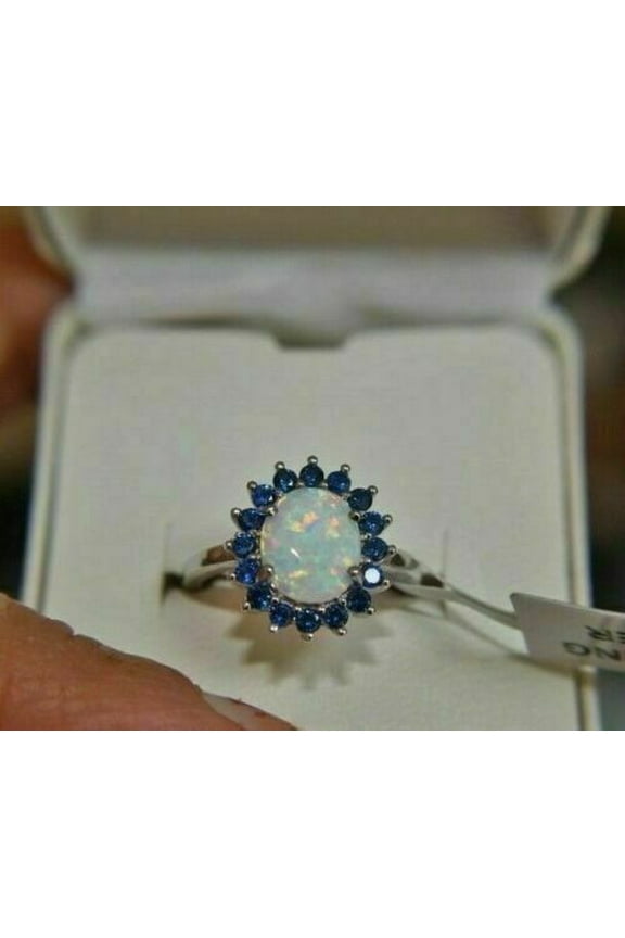 2Ct Oval Cut Fire Opal & Blue Sapphire Halo Engagement Ring 14K White Gold Plated