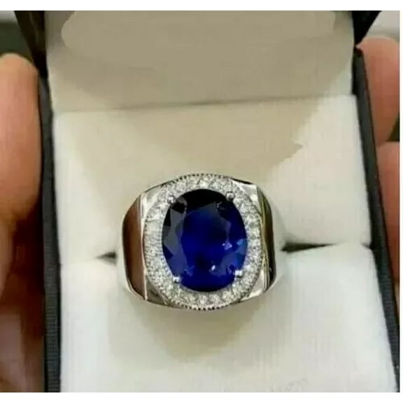 2Ct Oval Cut Lab Created Blue Sapphire Men's Wedding Band Ring 14K White Gold Plated 925 Sterling Silver