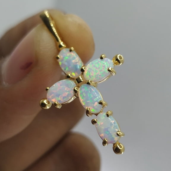 2Ct Oval Cut Lab Created Fire Opal Cross Pendant Free Chain 14K Yellow Gold Plated