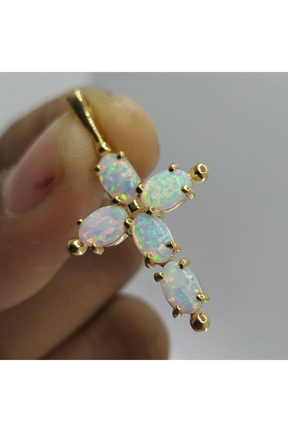 2Ct Oval Cut Lab Created Fire Opal Cross Pendant Free Chain 14K Yellow Gold Plated