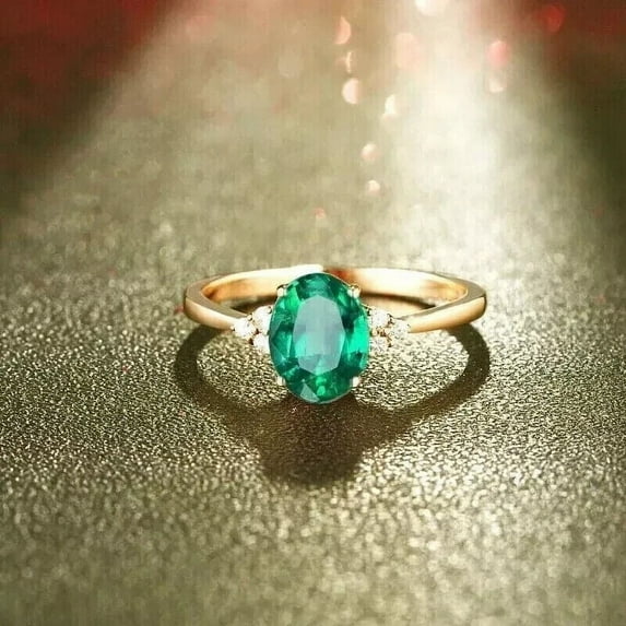 2Ct Oval Cut Lab Created Green Emerald Engagement Ring 14K Yellow Gold Plated