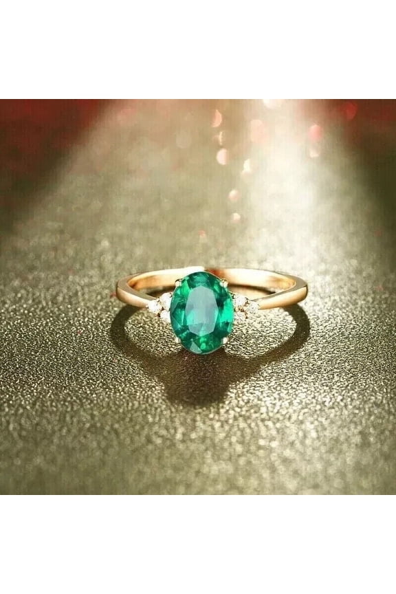 2Ct Oval Cut Lab Created Green Emerald Engagement Ring 14K Yellow Gold Plated