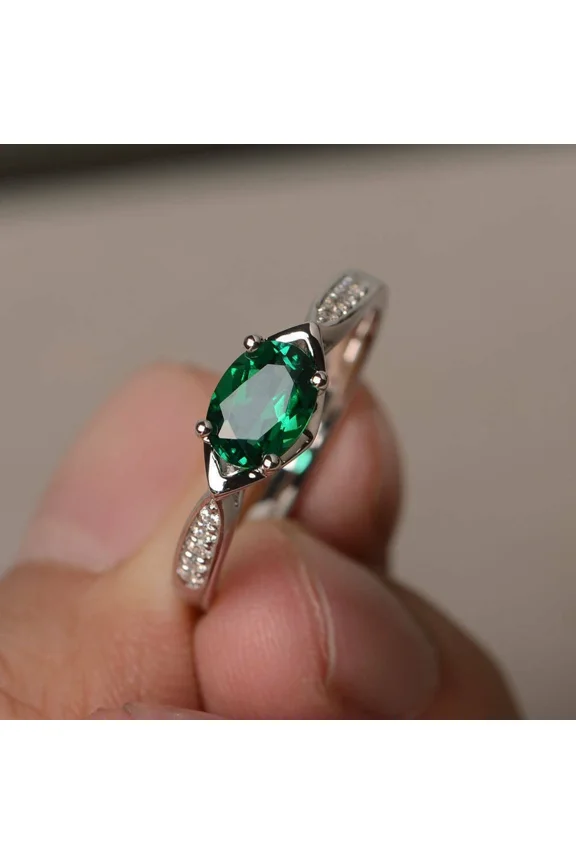 2Ct Oval Cut Lab Created Green Emerald Solitaire Engagement Ring 14K White Gold Plated