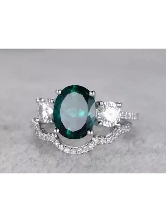 2Ct Oval Cut Lab-Created Green Emerald Women's Wedding Bridal Ring Set 14K White Gold Plated