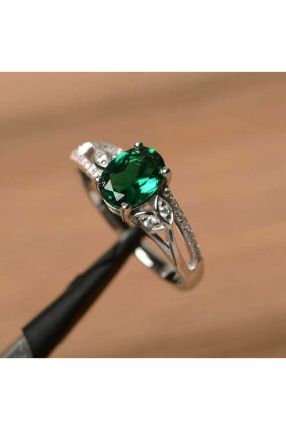2Ct Oval Cut Lab Created Green Emerald Women's Wedding Promise Ring 14K White Gold Plated