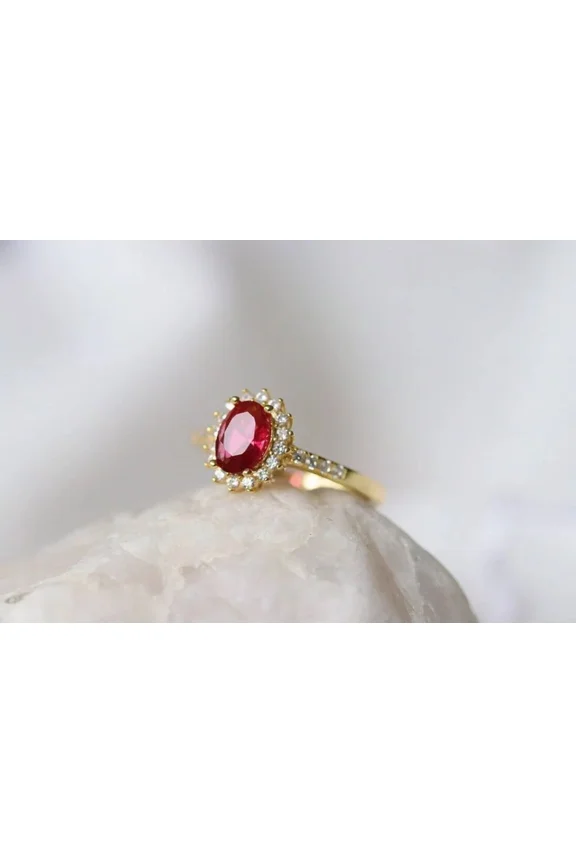 2Ct Oval Cut Lab Created Red Ruby & Diamond Anniversary Bridal Ring 14K Yellow Gold Plated