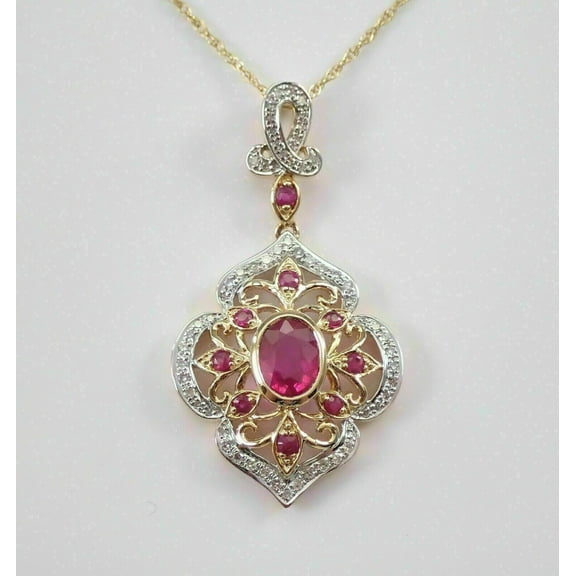 2Ct Oval Cut Lab Created Red Ruby & Diamond Flower Pendant Necklace 14K Yellow Gold Finish