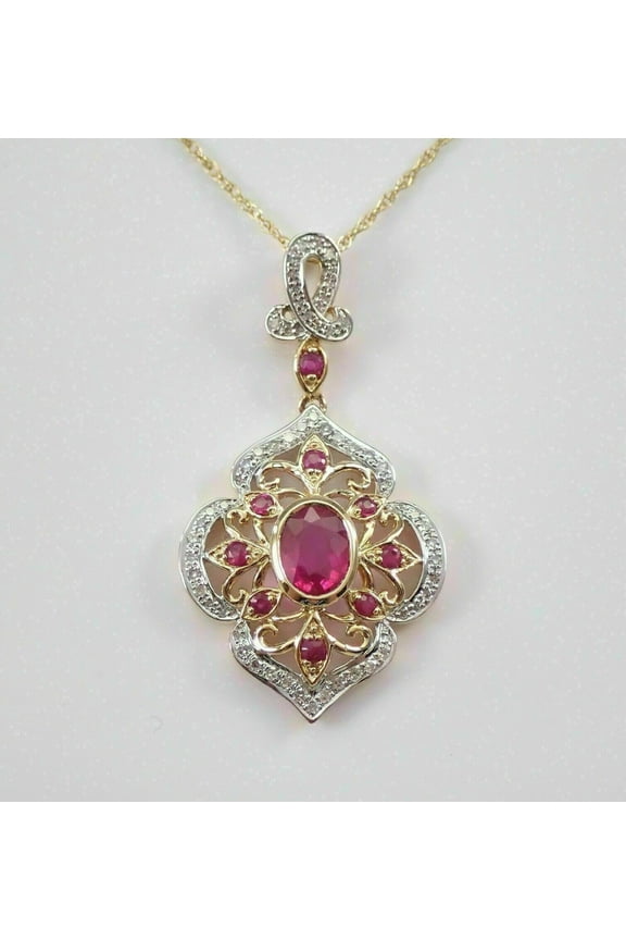 2Ct Oval Cut Lab Created Red Ruby & Diamond Flower Pendant Necklace 14K Yellow Gold Finish