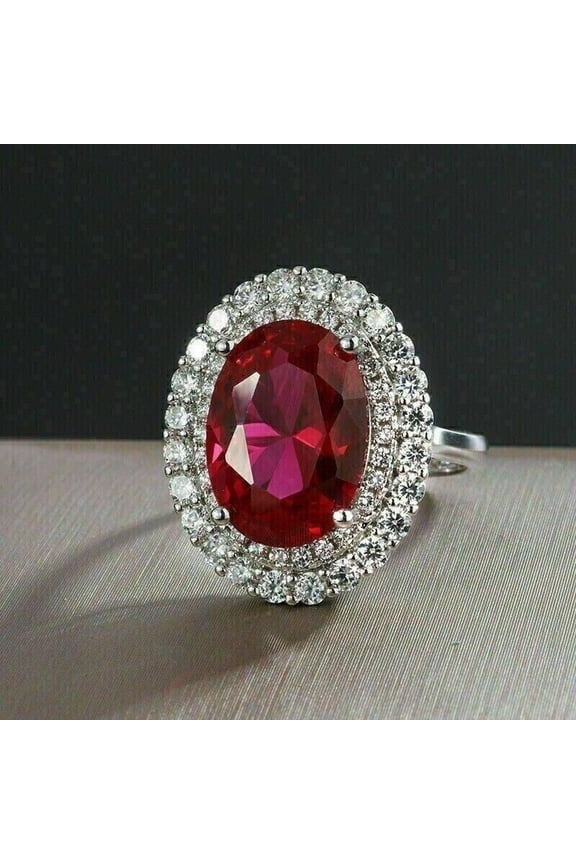 2Ct Oval Cut Lab Created Red Ruby Double Halo Women's Wedding Ring 14k White Gold Plated