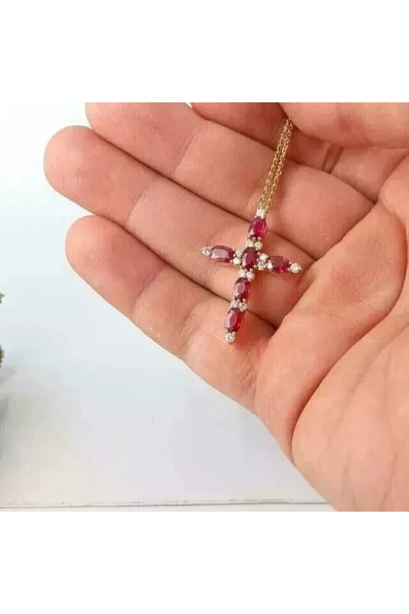 2Ct Oval Cut Lab-Created Red Ruby Women's Cross Pendant 14k White Gold Plated