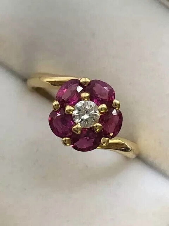 2Ct Oval Cut Lab-Created Red Ruby Women's Flower Wedding Ring 14k Yellow Gold Plated Silver