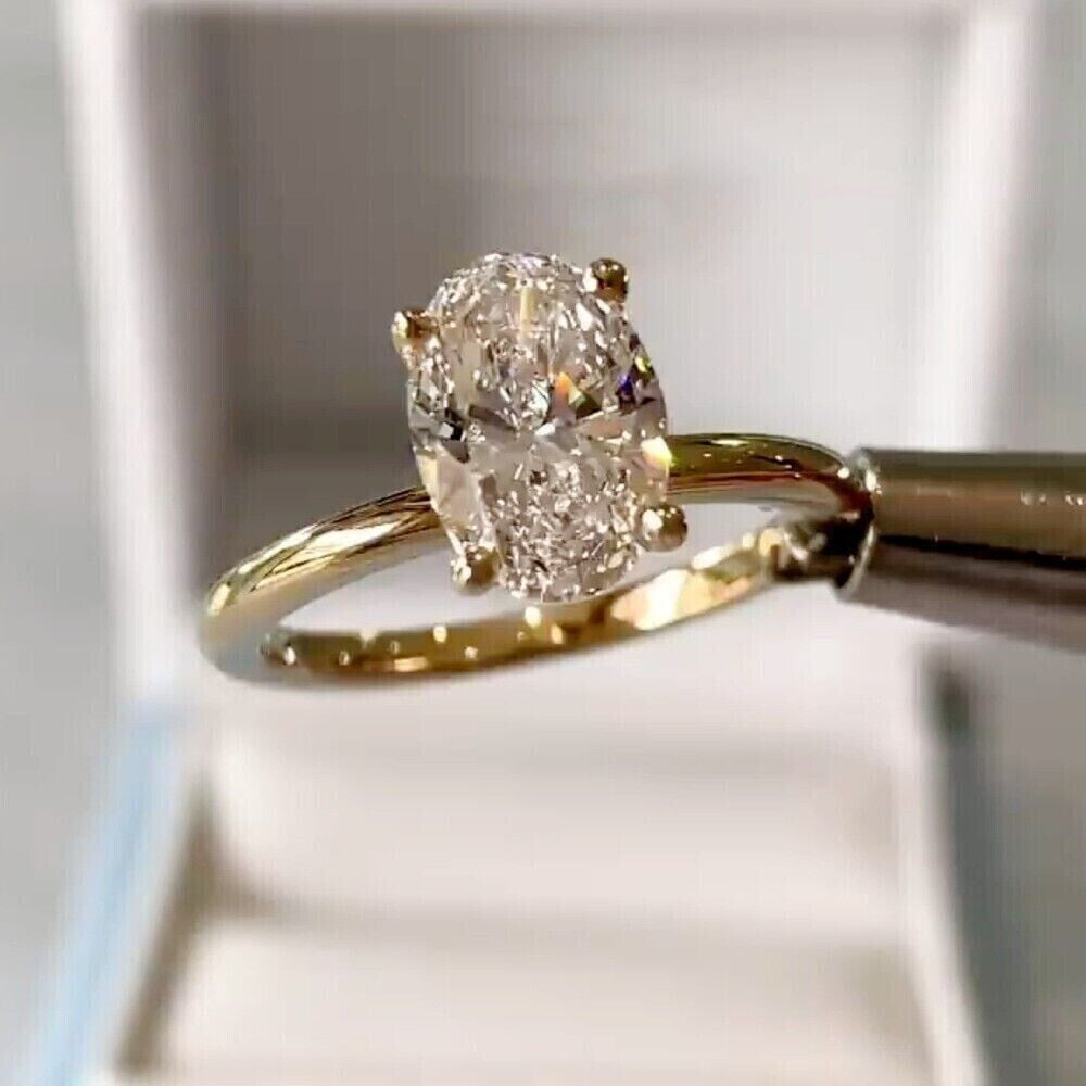 JEWELLERY CRAFT 2Ct Oval Cut Moissanite (VVS1/D) 14k Yellow Gold Solitaire Ring for Women Gifts/Wedding Fine Jewelry