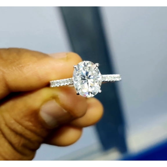 2Ct Oval Cut Real Moissanite Solitaire Engagement Ring 14k White Gold Plated