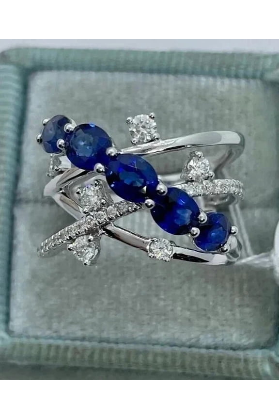 2Ct Oval Cut Simulated Blue Sapphire Band Engagement Ring 14K White Gold Plated