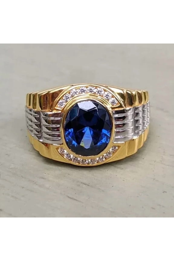 2Ct Oval Cut Simulated Blue Sapphire & Diamond Engagement Men's Ring 14K Two Tone Gold Plated 925 Sterling Silver For Him