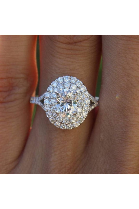 2Ct Oval Cut Simulated Diamond Double Halo Wedding Band Ring 14K White Gold Plated