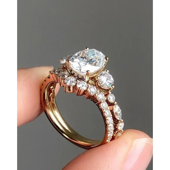 2Ct Oval Cut Simulated Diamond Women's Bridal Set Wedding Ring 14K Yellow Gold Plated 925 Sterling Silver For Her