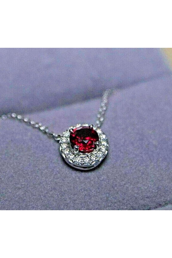 2.00CT Lab-Created Red Ruby Round Cut Halo Women's Pendant 14K White Gold Plated